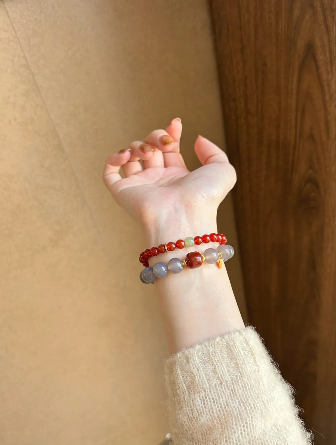 Natural Red Agate & Hetian Jade Beaded Bracelet | Handmade Jewelry
