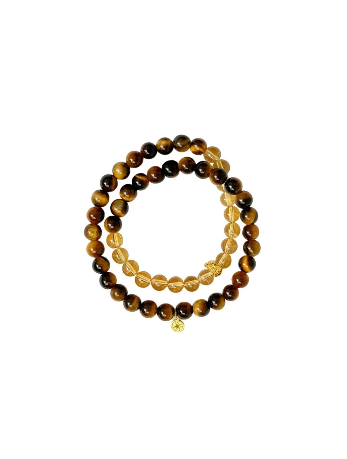 Natural Citrine & Tiger’s Eye Double-Wrap Bracelet | S925 Sterling Silver Handmade Jewelry