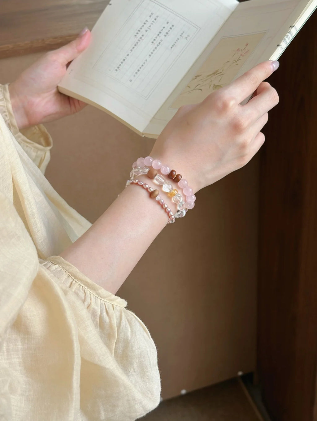 Natural Rose Quartz & Kunzite Double-Wrap Bracelet | S925 Sterling Silver Handmade Jewelry