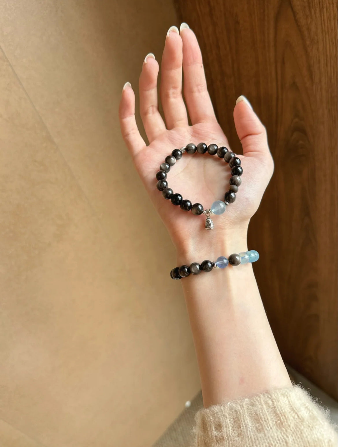 Natural Obsidian & Aquamarine Energy Bracelet | S925 Sterling Silver Handmade Jewelry