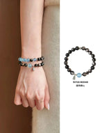 Natural Obsidian & Aquamarine Energy Bracelet | S925 Sterling Silver Handmade Jewelry