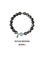 Natural Obsidian & Aquamarine Energy Bracelet | S925 Sterling Silver Handmade Jewelry