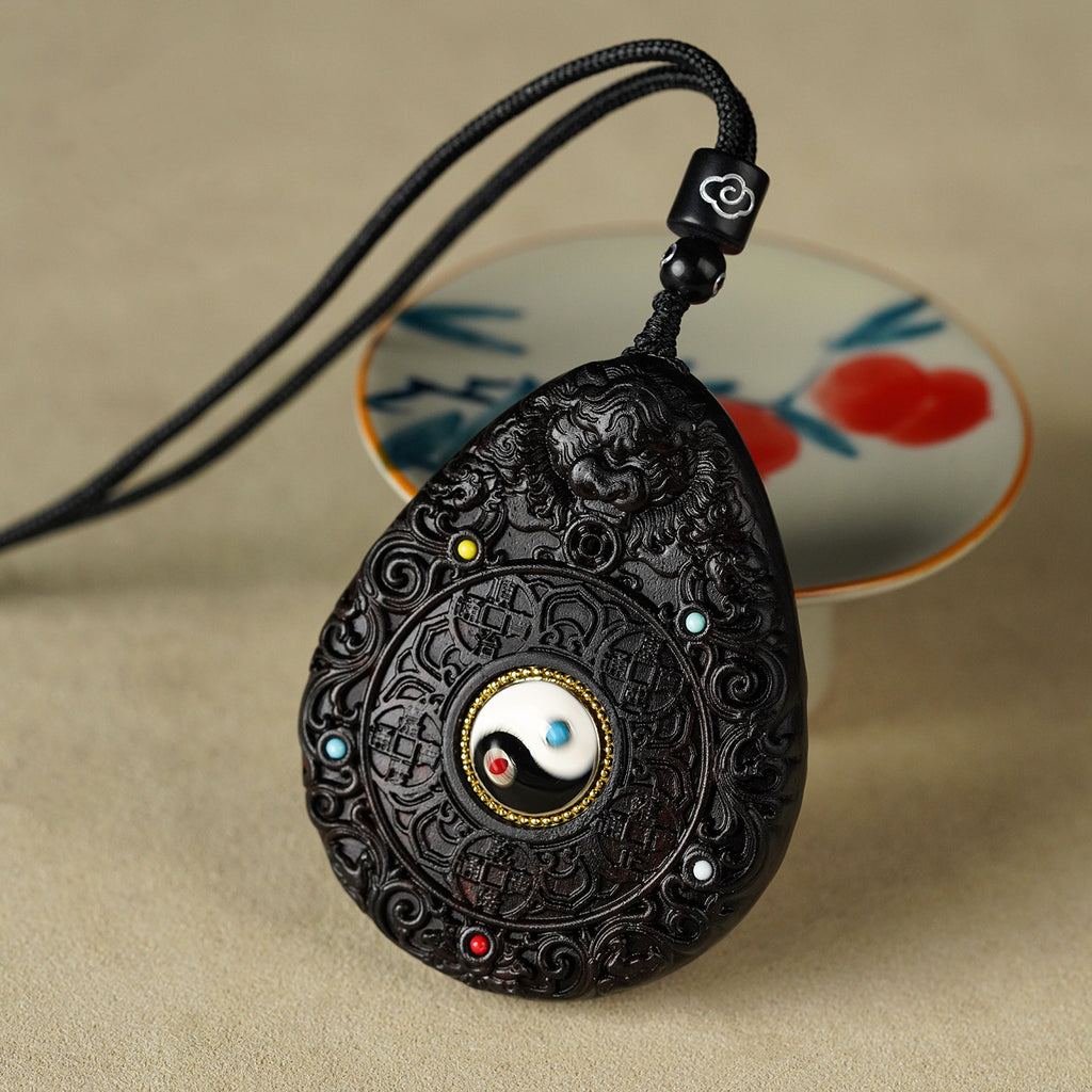 Longhu Mountain Dragon Tiger Talisman Pendant – Shan Gui Coin Protection Amulet (Ebony Wood Charm)