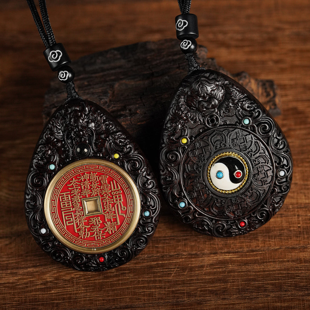 Longhu Mountain Dragon Tiger Talisman Pendant – Shan Gui Coin Protection Amulet (Ebony Wood Charm)